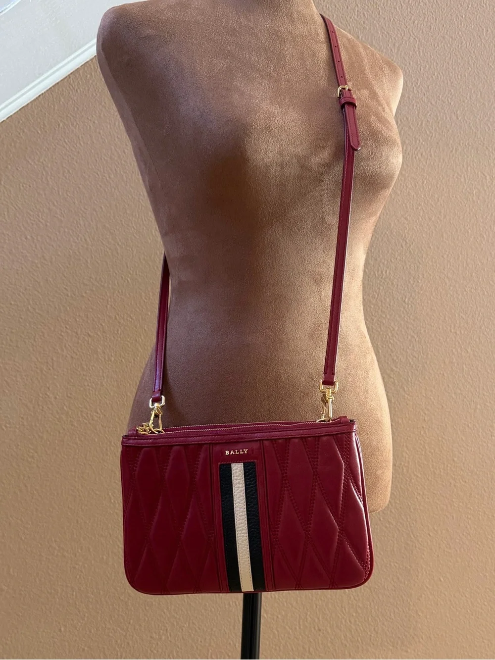 Bally Drice Burgundy Quilted Leather Crossbody with Signature Stripe